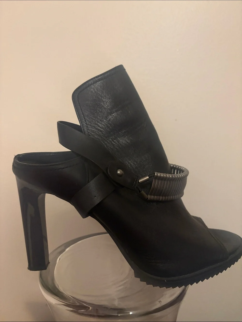 DKNY Black High-Heel Open-Toe Leather Sandal with Metallic Accent - Picture 4 of 4